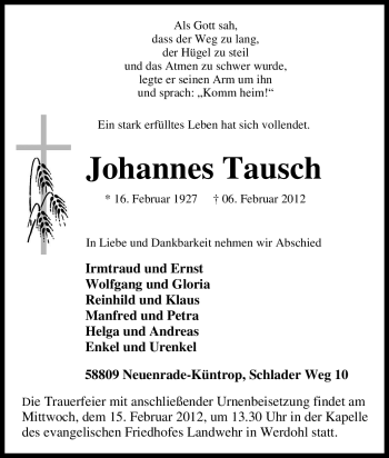 Traueranzeige von Johannes Tausch von Tageszeitung