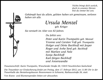 Traueranzeige von Ursula Menzel von Tageszeitung