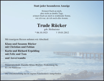 Traueranzeige von Trude Rücker von Tageszeitung