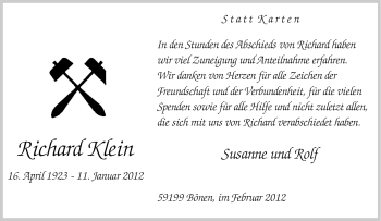 Traueranzeige von Richard Klein von Tageszeitung