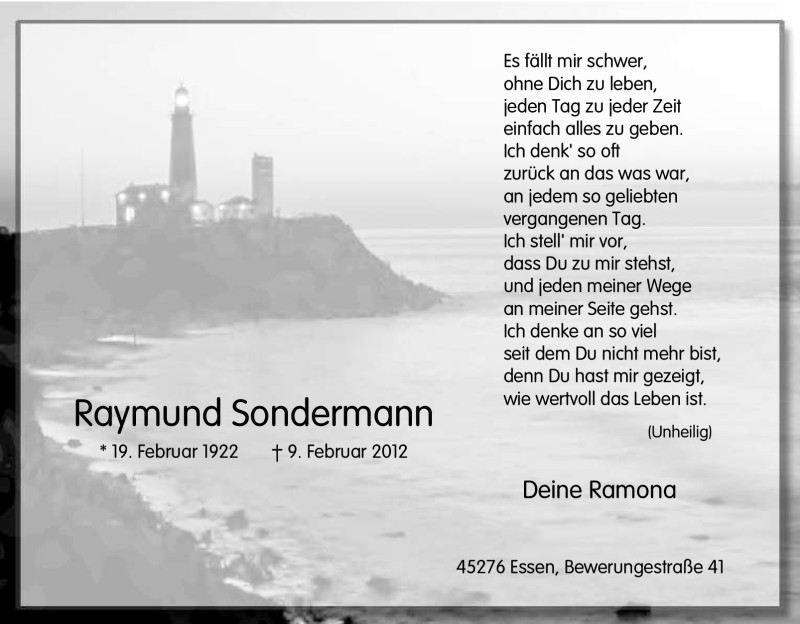  Traueranzeige für Raymund Sondermann vom 18.02.2012 aus Tageszeitung
