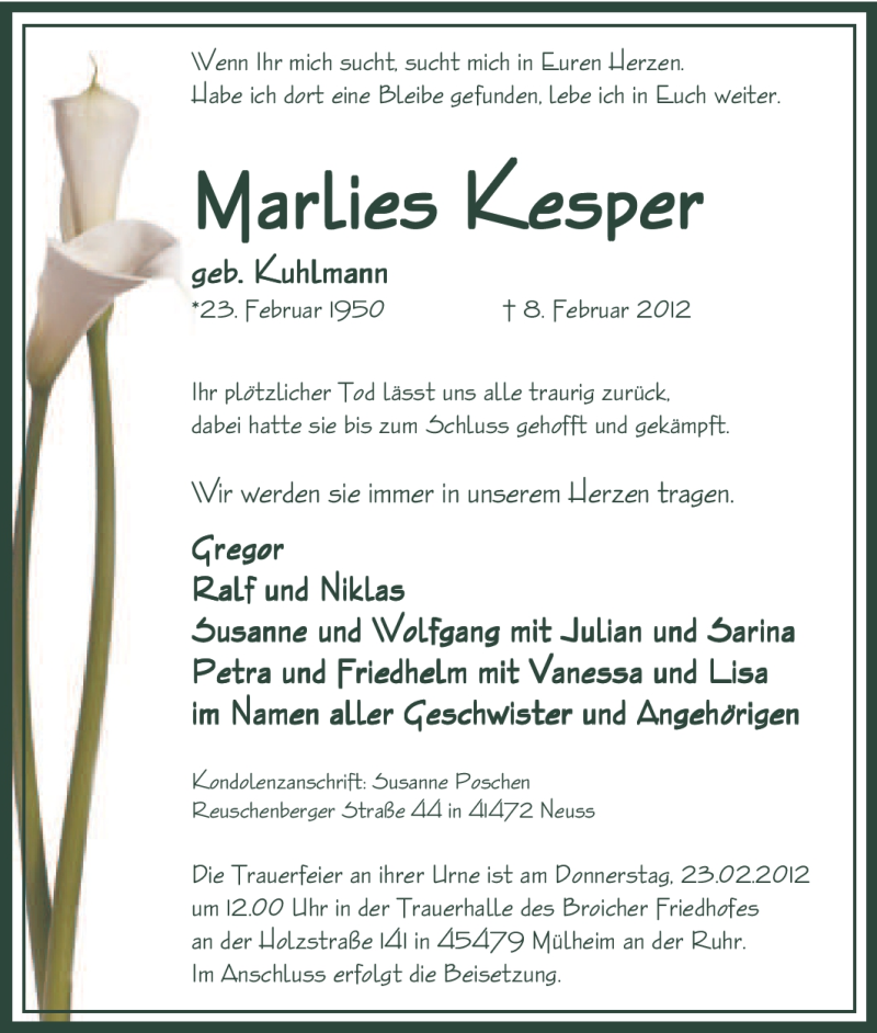  Traueranzeige für Marlies Kesper vom 18.02.2012 aus Tageszeitung