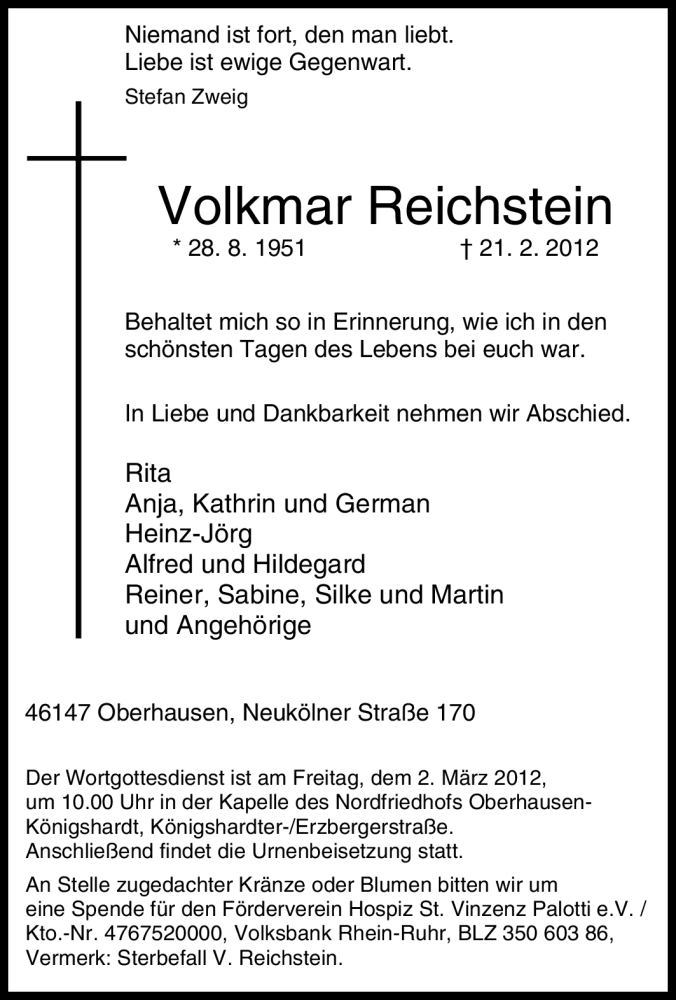  Traueranzeige für Volkmar Reichstein vom 25.02.2012 aus Tageszeitung
