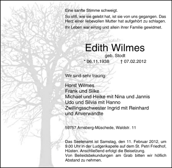 Traueranzeige von Edith Wilmes von Tageszeitung
