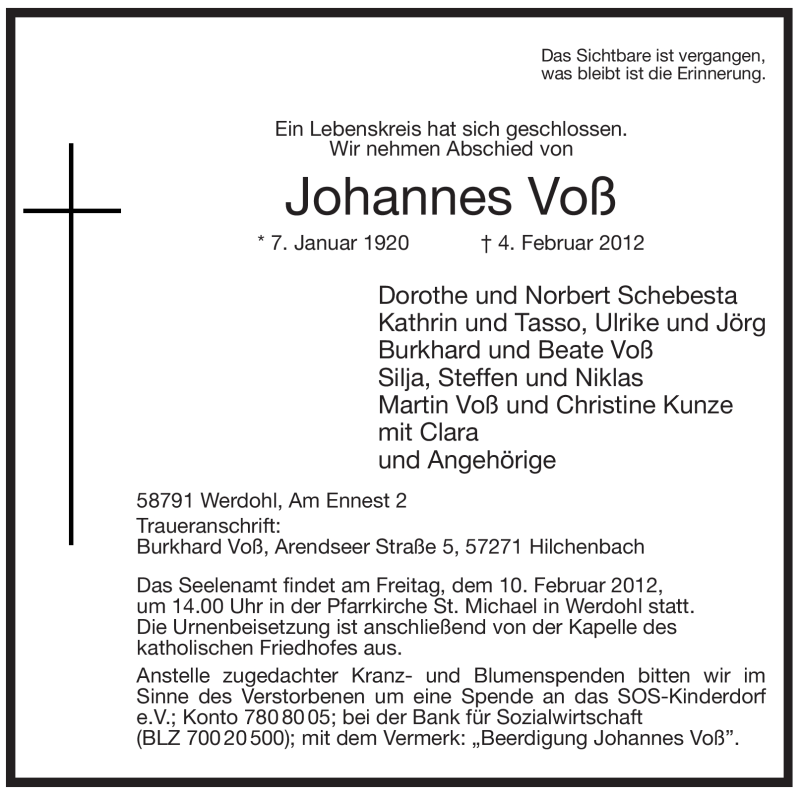  Traueranzeige für Johannes Voß vom 08.02.2012 aus Tageszeitung