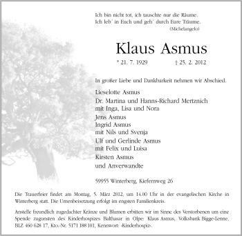 Traueranzeige von Klaus Asmus von Tageszeitung