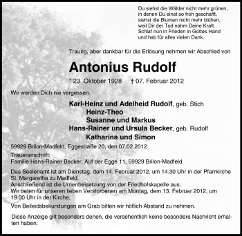 Traueranzeige von Antonius Rudolf von Tageszeitung