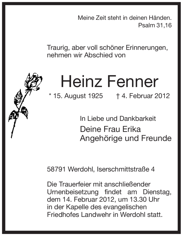  Traueranzeige für Heinz Fenner vom 09.02.2012 aus Tageszeitung