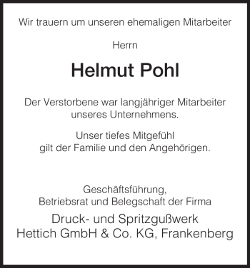 Traueranzeige von Helmut Pohl von Tageszeitung