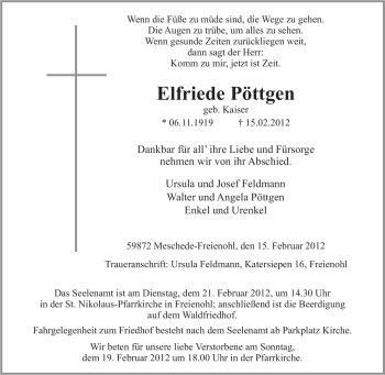 Traueranzeige von Elfriede Pöttgen von Tageszeitung