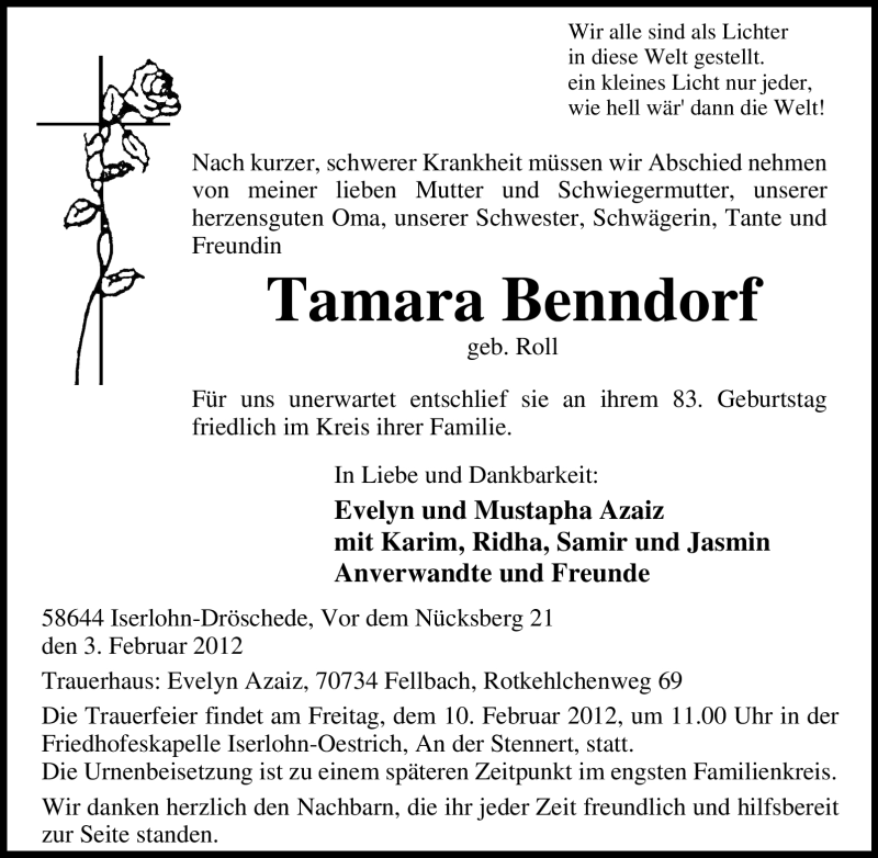  Traueranzeige für Tamara Benndorf vom 06.02.2012 aus WESTDEUTSCHE ALLGEMEINE ZEITUNG