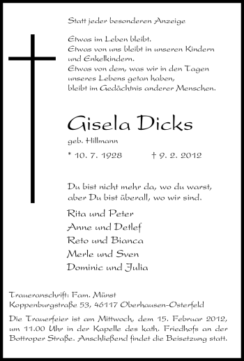 Traueranzeige von Gisela Dicks von Tageszeitung