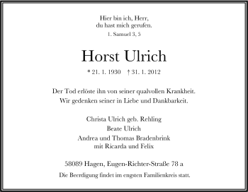 Traueranzeige von Horst Ulrich von Tageszeitung