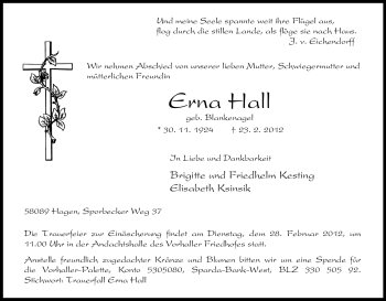 Traueranzeige von Erna Hall von Tageszeitung