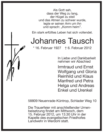 Traueranzeige von Johannes Tausch von Tageszeitung