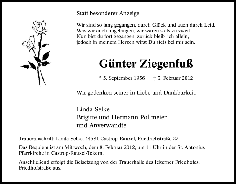  Traueranzeige für Günter Ziegenfuß vom 06.02.2012 aus Tageszeitung