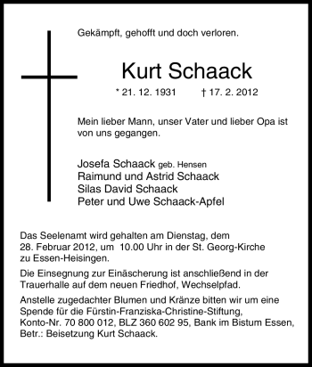 Traueranzeige von Kurt Schaack von Tageszeitung