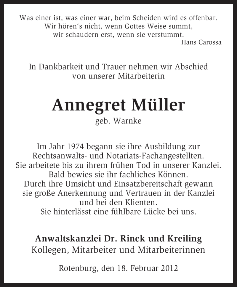  Traueranzeige für Annegret Müller vom 25.02.2012 aus Tageszeitung