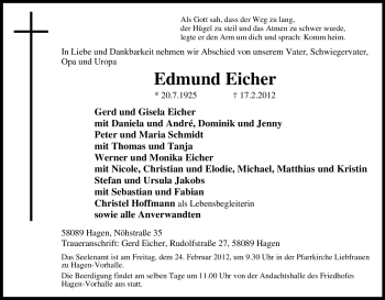 Traueranzeige von Edmund Eicher von Tageszeitung
