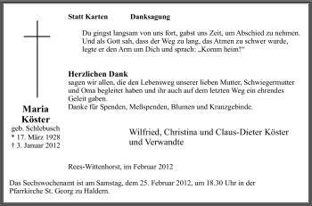 Traueranzeige von Maria Köster von Tageszeitung