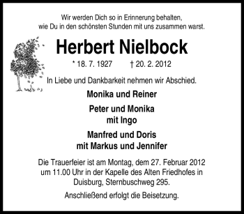 Traueranzeige von Herbert Nielbock von Tageszeitung
