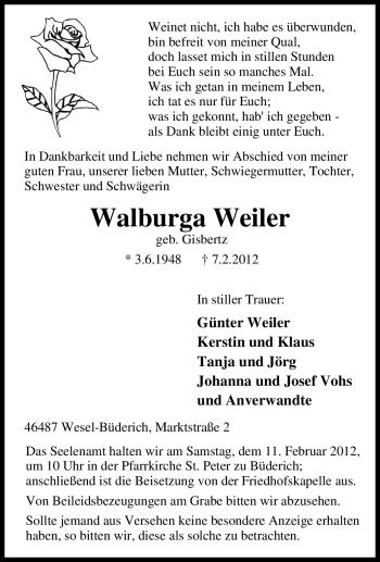 Traueranzeige von Walburga Weiler von Tageszeitung