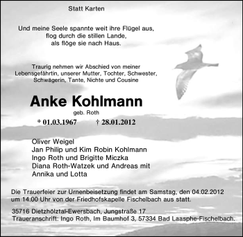 Traueranzeige von Anke Kohlmann von Tageszeitung
