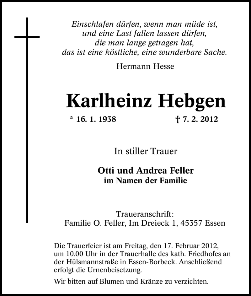  Traueranzeige für Karlheinz Hebgen vom 09.02.2012 aus Tageszeitung