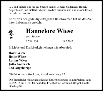 Traueranzeige von Hannelore Wiese von Tageszeitung