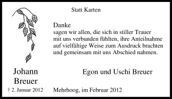 Traueranzeige von Johann Breuer von Tageszeitung