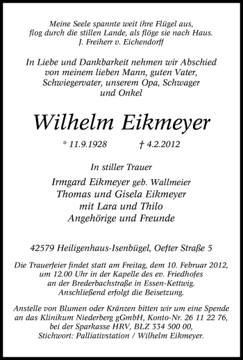 Traueranzeige von Wilhelm Eikmeyer von Tageszeitung