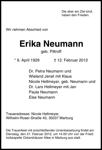 Traueranzeige von Erika Neumann von Tageszeitung