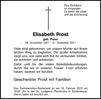Traueranzeige von Elisabeth Prost von Tageszeitung