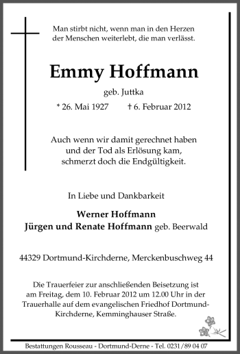 Traueranzeige von Emmy Hoffmann von Tageszeitung