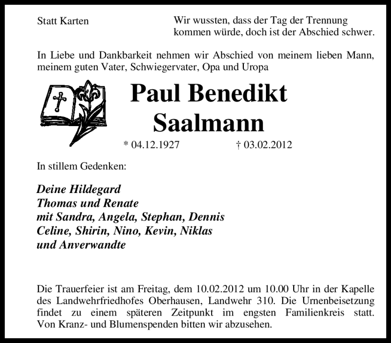  Traueranzeige für Paul Benedikt Saalmann vom 07.02.2012 aus Tageszeitung
