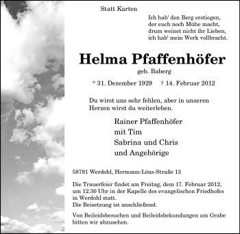 Traueranzeige von Helma Pfaffenhöfer von Tageszeitung