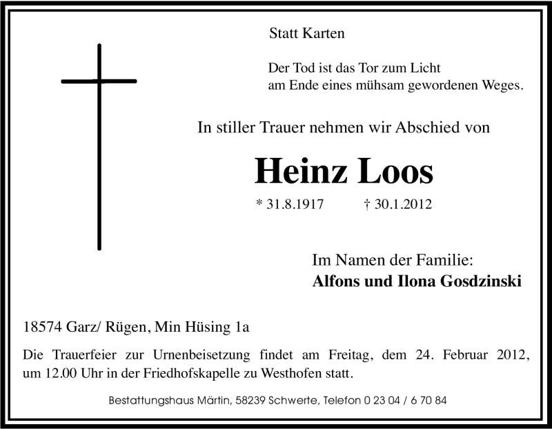  Traueranzeige für Heinz Loos vom 21.02.2012 aus Tageszeitung