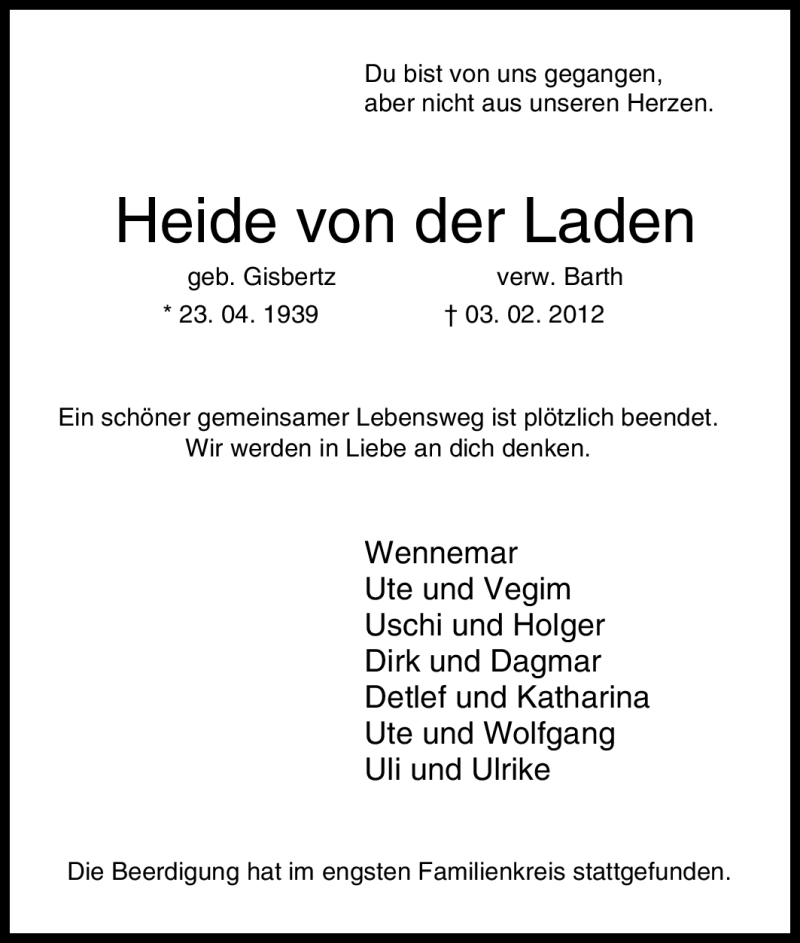  Traueranzeige für Heide von der Laden vom 11.02.2012 aus Tageszeitung