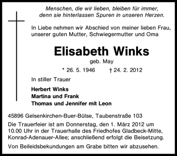 Traueranzeige von Elisabeth Winks von Tageszeitung