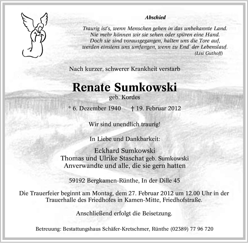  Traueranzeige für Renate Sumkowski vom 22.02.2012 aus Tageszeitung