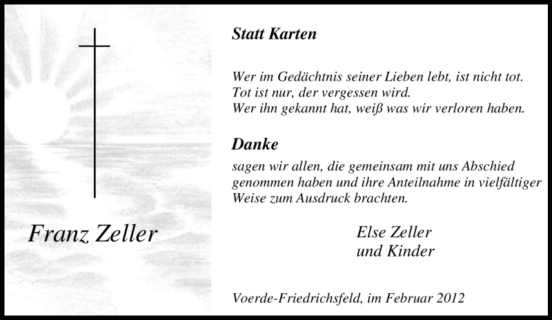  Traueranzeige für Franz Zeller vom 04.02.2012 aus WESTDEUTSCHE ALLGEMEINE ZEITUNG