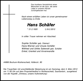 Traueranzeige von Hans Schäfer von Tageszeitung