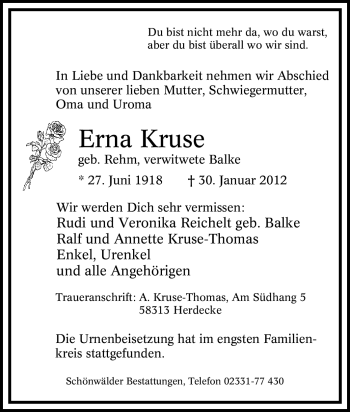 Traueranzeige von Erna Kruse von Tageszeitung