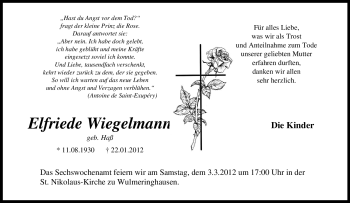 Traueranzeige von Elfriede Wiegelmann von Tageszeitung