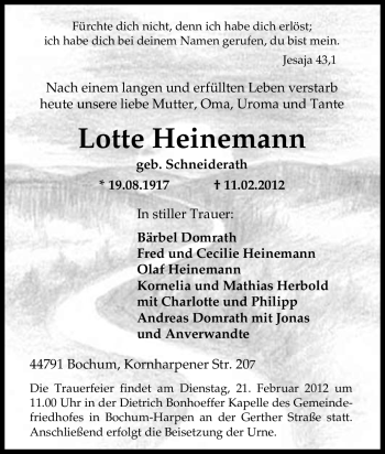 Traueranzeige von Lotte Heinemann von Tageszeitung
