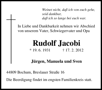 Traueranzeige von Rudolf Jacobi von Tageszeitung