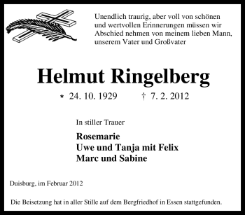 Traueranzeige von Helmut Ringelberg von Tageszeitung
