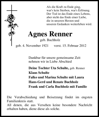 Traueranzeige von Agnes Renner von Tageszeitung