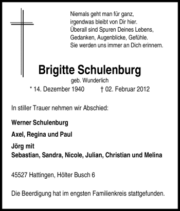 Traueranzeige von Brigitte Schulenburg von Tageszeitung
