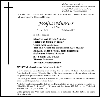 Traueranzeige von Josefine Münster von Tageszeitung